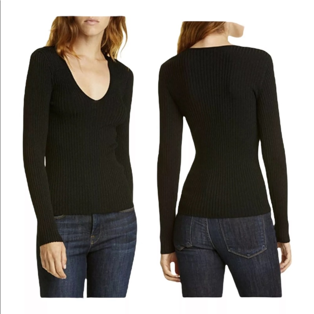 Lewit Ribbed Knit Long Sleeve V Neck Black Shimmer Sweater Top Medium $199
